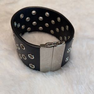 Coach Black and Silver Leather Bracelet